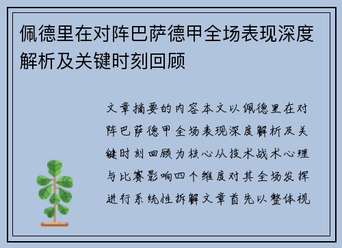 佩德里在对阵巴萨德甲全场表现深度解析及关键时刻回顾